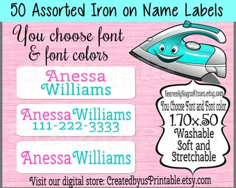 50 Custom Iron On Labels Iron On Clothing Labels Daycare Labels Kids Name Labels Personalized Iron on Tags Camp Clothing Labels Nursing Home