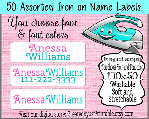 50 Custom Iron on Labels Iron on Clothing Labels Daycare Labels Kids Name  Labels Personalized Iron on Tags Camp Clothing Labels Nursing Home 