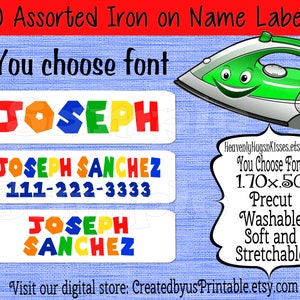 50 Custom Iron On Labels Iron On Clothing Labels Daycare Labels Kids Name Labels Personalized Iron on Tags Camp Clothing Labels Nursing Home