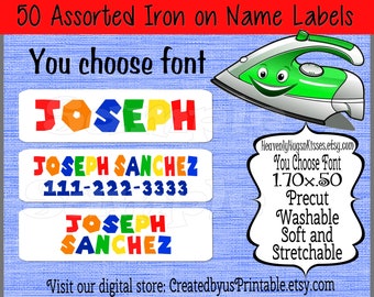 50 Custom Iron On Labels Iron On Clothing Labels Daycare Labels Kids Name Labels Personalized Iron on Tags Camp Clothing Labels Nursing Home