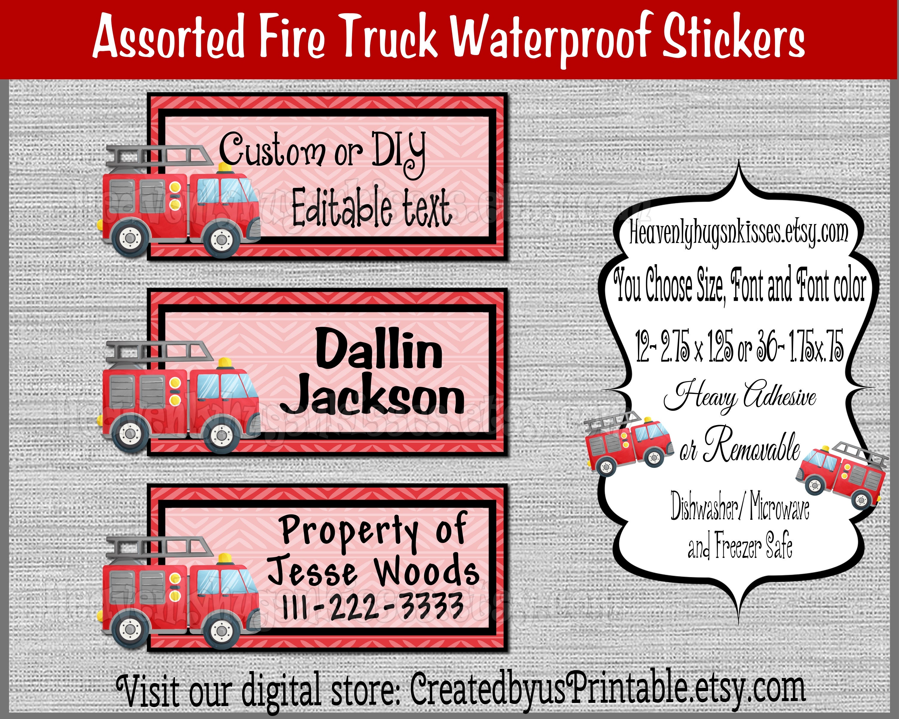 Fire Truck Name Stickers Dishwasher Safe Waterproof Kid's Labels  Personalized Fire Engine Kids Sticker Fire Truck Stickers School Name Tags  - Etsy, image size:3000x2400