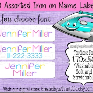50 Custom Iron On Labels Iron On Clothing Labels Daycare Labels Kids Name Labels Personalized Iron on Tags Camp Clothing Labels Nursing Home