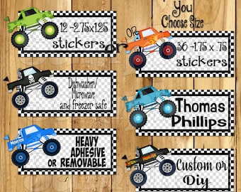 May include: Assorted monster truck waterproof stickers in various colors and designs. The stickers are available in two sizes: 12-2.75x125 stickers or 36-1.75 x .75 stickers. The stickers are dishwasher, microwave, and freezer safe. They are also available with heavy adhesive or removable adhesive. The stickers can be customized with a name or a design.