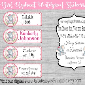 Daycare labels Girl Elephant dishwasher safe waterproof kid&#39;s labels Name labels Baby bottle decals School supply labels Sippy cup labels