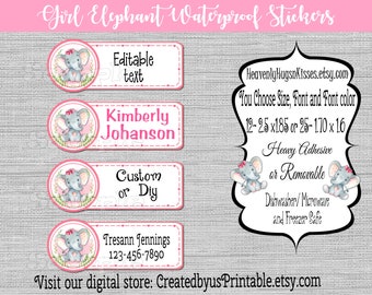 Daycare labels Girl Elephant dishwasher safe waterproof kid's labels Name labels Baby bottle decals School supply labels Sippy cup labels