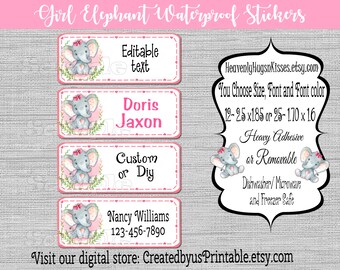 Daycare labels Girl Elephant dishwasher safe waterproof kid's labels Name labels Baby bottle decals Sippy cup labels School supply labels