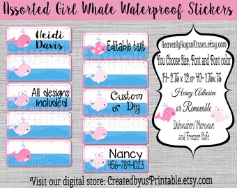 Girl Whale dishwasher safe waterproof Name labels kid's labels Name sticker Girl Daycare Labels Name tags School labels Baby bottle decals