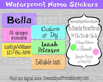 May include: Waterproof name stickers with customizable text, font, and color. Choose from a variety of designs, including "Bella", "Caitlyn Williams", and "Tarah Peterson". Stickers are available in two sizes: 2.75 x 12 inches or 1.75 x .75 inches. Choose heavy adhesive or removable.