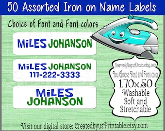 50 Custom Iron On Labels Iron On Clothing Labels Daycare Labels Kids Name Labels Personalized Iron on Tags Camp Clothing Labels Nursing Home