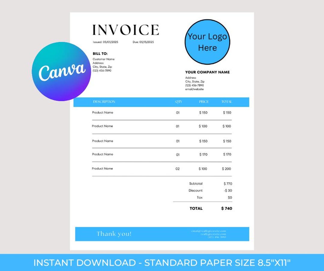 Blue Invoice Form, Easy to Edit in Canva, Small Business Form, Invoice ...