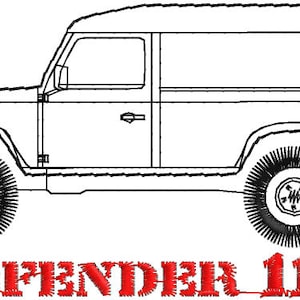 May include: A black and white line drawing of a Land Rover Defender 110. The vehicle is facing the right side and has a white roof and a spare tire on the back.