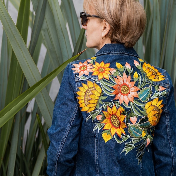 Mexican Embroidered Denim Jacket, Floral Boho Style Coat for Women, Sunflower Dark Blue