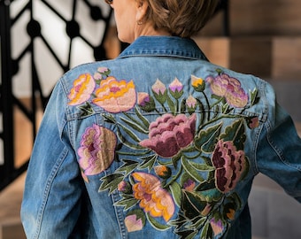 Mexican Embroidered Denim Jacket, Floral Boho Style Coat for Women, Condesa Sunset Light Blue