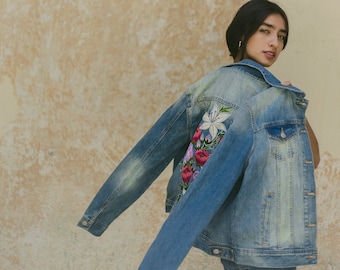 Roma Light Blue Denim, Handmade Mexican Floral Embroidery Jean Jacket, Boho Vintage Coat for Women with Unique Design.