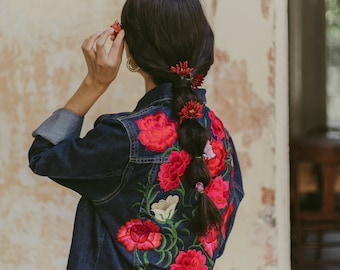 Morelia Dark Blue Denim Jacket, Handmade Mexican Floral Embroidery Jean Jacket, Boho Vintage Coat for Women with Unique Design.