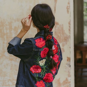 Morelia Dark Blue Denim Jacket, Handmade Mexican Floral Embroidery Jean Jacket, Boho Vintage Coat for Women with Unique Design.