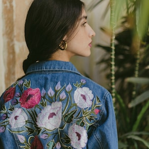 Condesa Light Blue Denim, Mexican Floral Embroidery Jean Jacket, Vintage Handmade Boho Coat, Mexican Artisans embroidered, Jacket for Women image 1