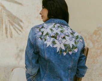 Merida Light Blue Denim, Handmade Mexican Floral Embroidery Jean Jacket, Boho Vintage Coat for Women with Unique Design.