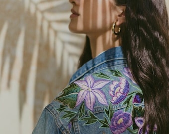 Colima Light Blue Denim, Mexican Floral Embroidery Jean Jacket, Vintage Handmade Boho Coat, Mexican Artisans, Jacket for Women