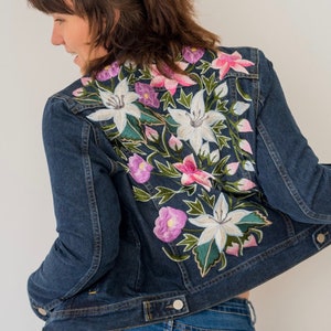 Providencia Dark Blue Denim, Mexican Floral Embroidery Jean Jacket, Vintage Handmade Boho Coat, Mexican Artisans, Jacket for Women
