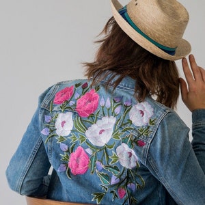 Condesa Light Blue Denim, Mexican Floral Embroidery Jean Jacket, Vintage Handmade Boho Coat, Mexican Artisans embroidered, Jacket for Women image 2