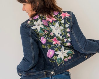 Providencia Dark Blue Denim, Mexican Floral Embroidery Jean Jacket, Vintage Handmade Boho Coat, Mexican Artisans, Jacket for Women