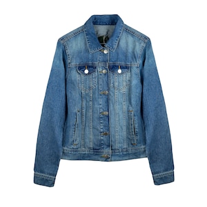 May include: A classic blue denim jacket with a button-up front and two chest pockets.