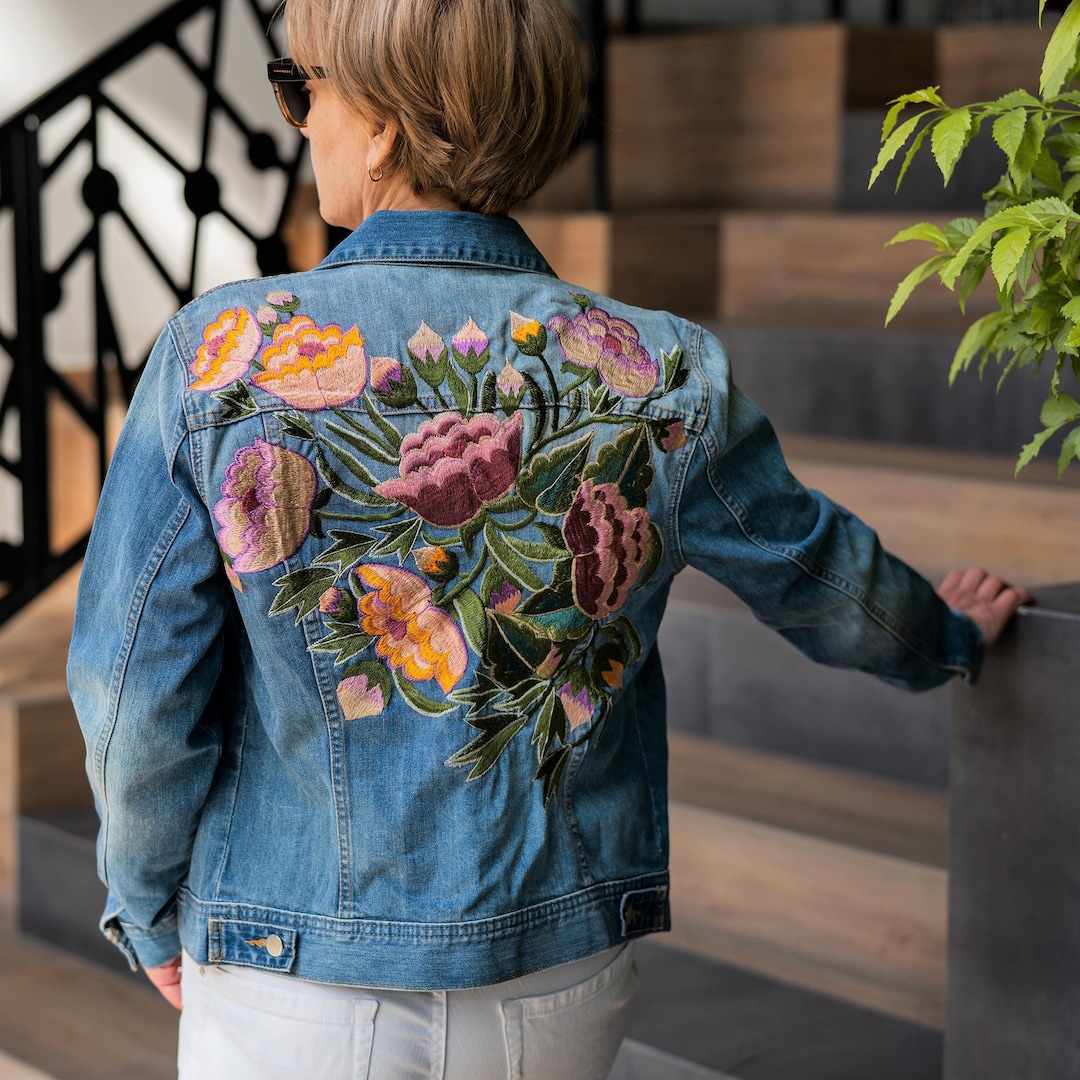 SoleiEthnic Mexican Floral Embroidered Jeans Jacket. Mexican Artisanal Denim Jacket. Embroidered Jeans Jacket. Mexican Jacket.