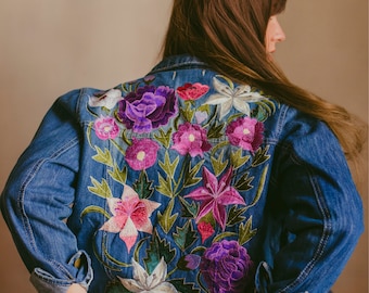 Carmen Dark Blue Denim Jacket, Handmade Mexican Floral Embroidery Jean Jacket, Boho Vintage Coat for Women with Unique Design.