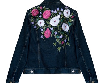 Condesa Dark Blue Denim, Handmade Mexican Floral Embroidery Jean Jacket, Boho Vintage Coat for Women with Unique Design.