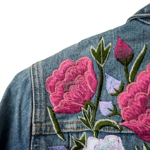 Condesa Light Blue Denim, Mexican Floral Embroidery Jean Jacket, Vintage Handmade Boho Coat, Mexican Artisans embroidered, Jacket for Women image 6