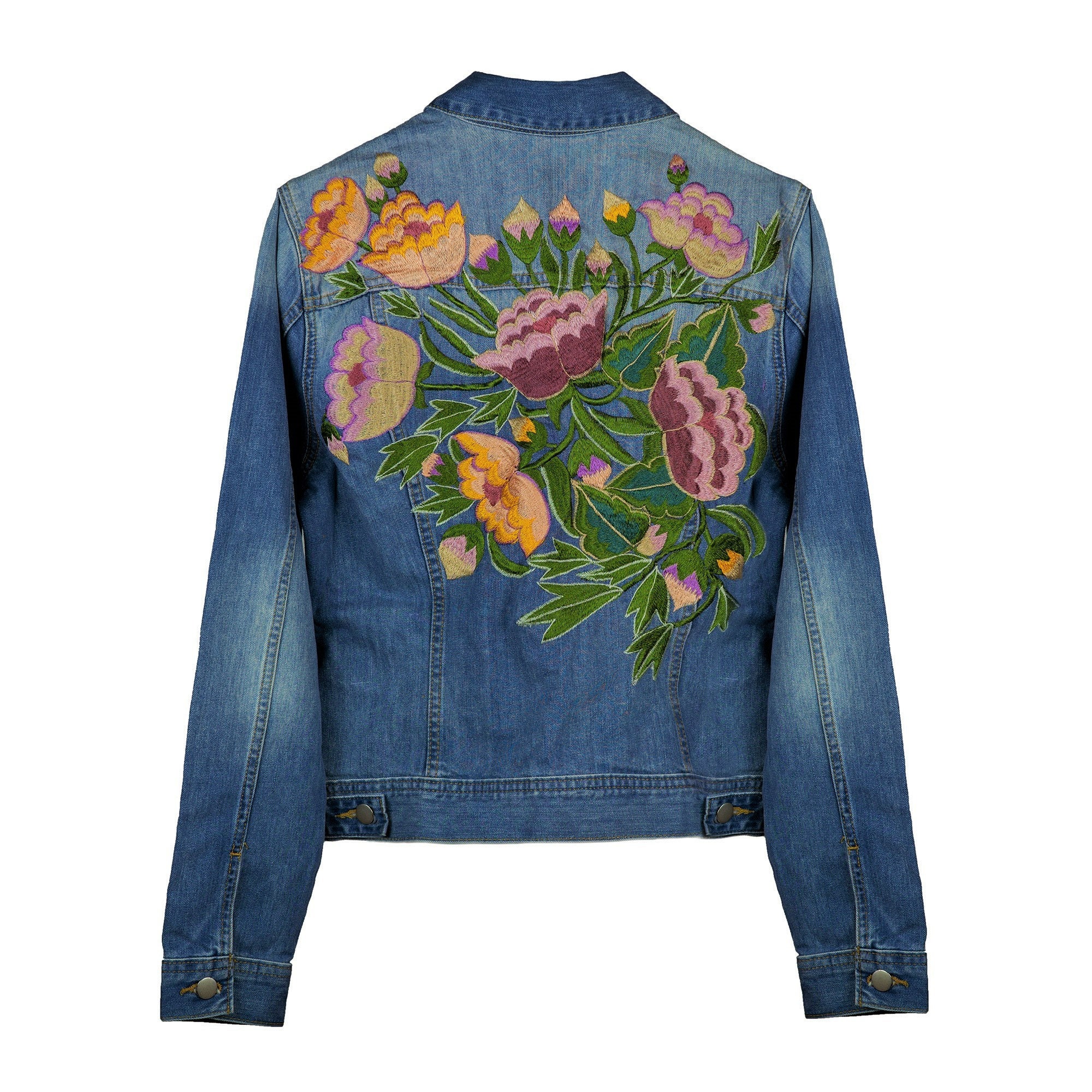Condesa Sunset Light Blue Denim Jacket, Handmade Mexican Floral