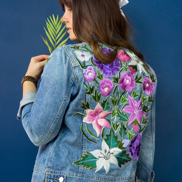 Carmen Light Blue Denim, Mexican Floral Embroidery Jean Jacket, Vintage Handmade Boho Coat, Jacket for Women embroidered by Mexican Artisans