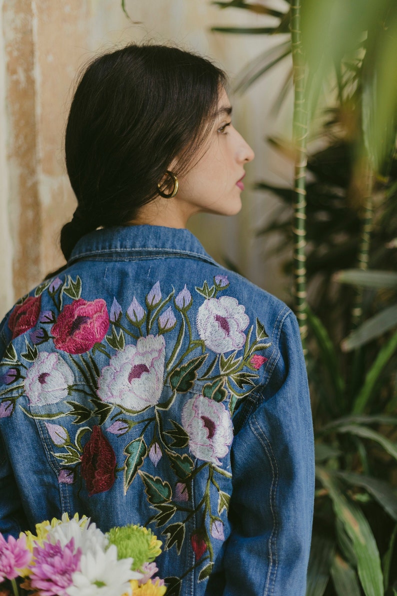 Condesa Light Blue Denim, Mexican Floral Embroidery Jean Jacket, Vintage Handmade Boho Coat, Mexican Artisans embroidered, Jacket for Women image 1