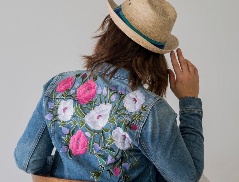 Condesa Light Blue Denim, Mexican Floral Embroidery Jean Jacket, Vintage Handmade Boho Coat, Mexican Artisans embroidered, Jacket for Women image 2