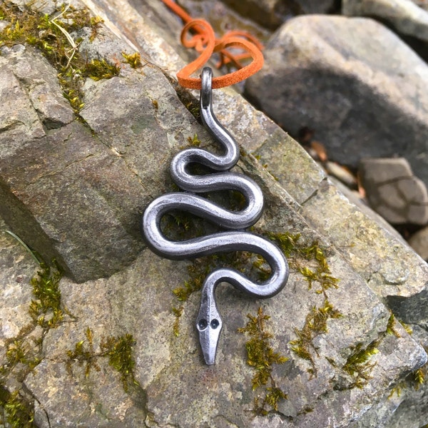 Snake Pendant Handmade Forged Jewellery Blacksmith Iron Steel Serpents Necklace History Fantasy Viking Gift Midgardsorm