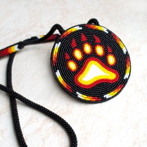 Native Bear Paw Medallion, locket, Traditional Bear Paw Beaded Necklace, Medicine Wheel Medallion, Red Bear Claw