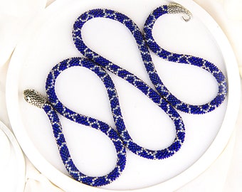 Statement extra long blue silver Snake necklace ouroboros, day collar indigo Choker, beaded Navy blue charm Snake necklace