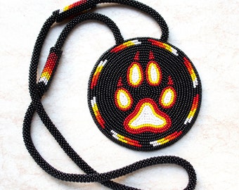 Beaded medallion Wolf paw, Medicine Wheel colors necklace, Native style Traditional Necklace