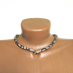 Silver Black Snake Choker, Handmade Crochet Beaded Snake Marble Necklace Ouroboros