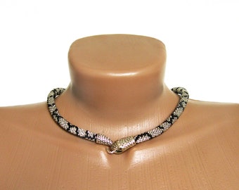 Silver black snake choker, Handmade necklace Ouroboros