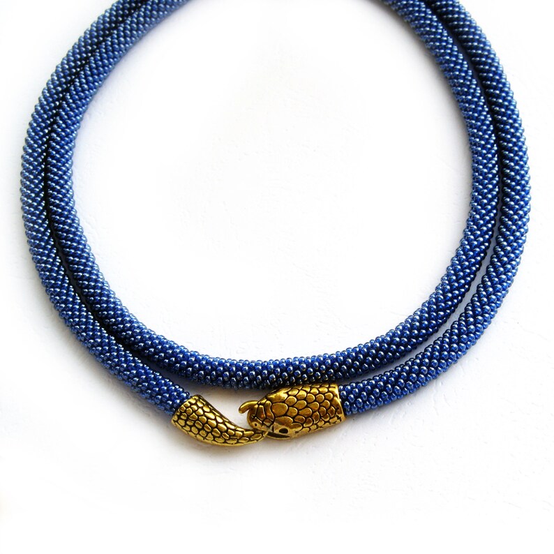girl Serpent picture Snake Jewelry Necklace Crochet beaded denim Blue and golden gentle Choker Tribal Wiccan Stylish neck gift for wife