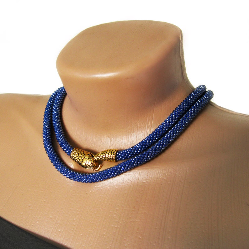 girl Serpent picture Snake Jewelry Necklace Crochet beaded denim Blue and golden gentle Choker Tribal Wiccan Stylish neck gift for wife