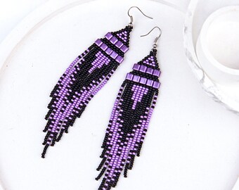 Fringe seed bead long black and purple earrings, Bohemian beaded fringe earrings, tassel beaded jewelry earrings