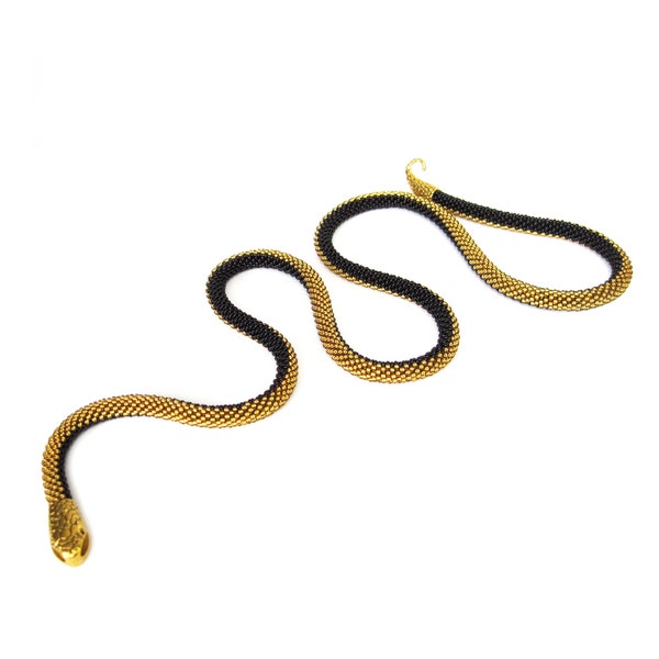 Gold black snake necklace Ouroboros, mustard seed jewelry for women, Extra long neck, Beaded wrap cobra, witch jewelry, Collar Choker boa