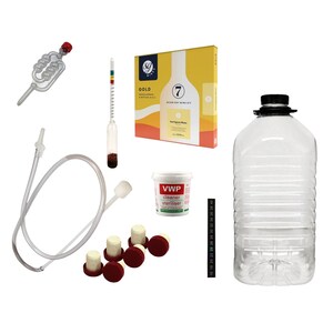 May include: A winemaking kit with a clear plastic carboy, a hydrometer, a stopper, a siphon, a cleaning and sterilising solution, and four wine bottle stoppers.