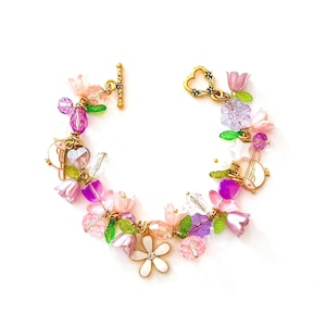 Lily Of The Valley Charm Bracelet, Flower Bracelet, Cottagecore, Fairycore, Tulips, Birds, Leaves, Crystals, Gold Plated # 532