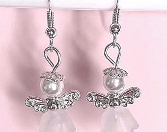 Angel Earrings, Christmas Angel Earrings, Guardian Angel Jewelry, Angel Jewelry, Gifts for Women, Girl, Dangle, Handmade, Silver, White #656