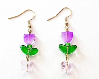 Tulip Dangle Earrings, Glass Purple Tulip Jewelry, Cottagecore Fairy Earrings, Purple, Pink Glass Butterflies, Gold Plated Wires #488