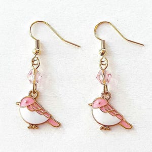 Bird Earrings, Bird Jewelry, Pink Bird Earrings, Crystal, Gift for Women, Gift for Girls, Pink and White Enamel, Gold Plated Wires #420